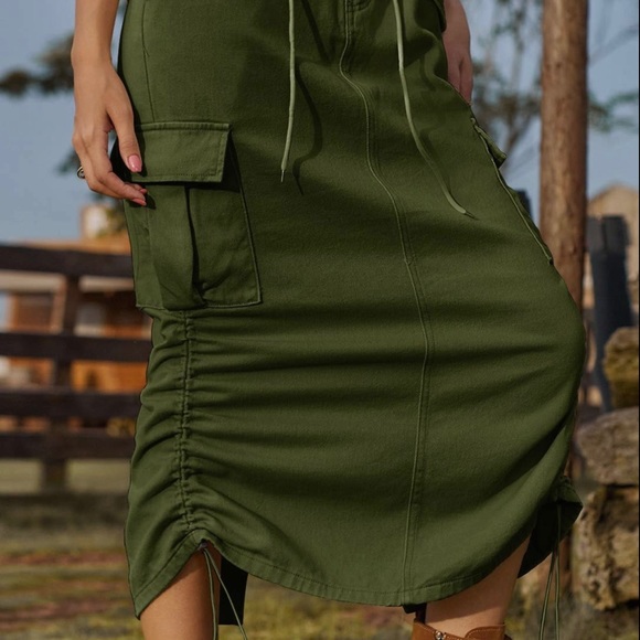 Drawstring Denim Cargo Skirt Casual Midi Skirt - Picture 3 of 8